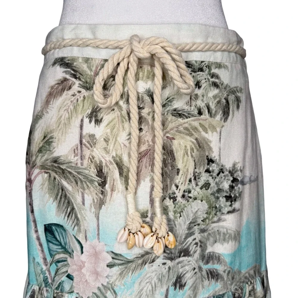 Joie Midi Skirt Tiered‎ Medium Linen Blend Rope Shell Belt Hawaiian Beach Pastel